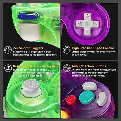 FIOTOK Gamecube Controller, Classic Wired Controller for Wii & Gamecube | Clear Purple & Clear Green-2Pack - color: Clear Purple & Clear Green