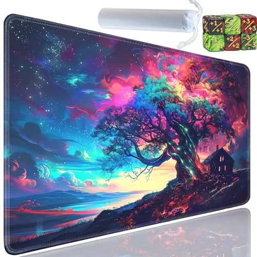 Playmat for MTG, 24x14 Inches Playmats, for TCG and CCG Trading Card Game Mat, Non-Slip Rubber for MTG Playmats with A Storage Bag and 6 Dice Set, Fantasy Tree of Life Pattern - color: Yu-Playmat-1-E136
