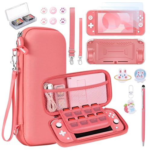 innoAura Switch Lite Case 18-in-1 Accessories Bundle for NS Switch Lite (2019), with Protective Carrying Case, Game Holder, Screen Protector & Cute Thumb Grips, Coral - color: Coral, size: for Switch Lite (2019)