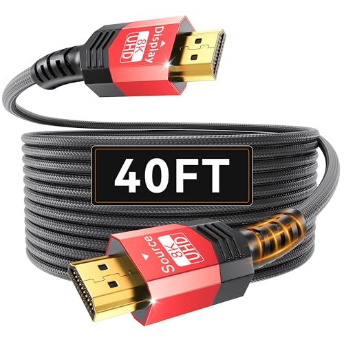 Fiber Optic HDMI 2.1 Cable 40FT,48Gbps Ultra High Speed Braided Uni-Directional Cord-8K@60Hz 4K@120Hz/144Hz HDCP 2.2&2.3 eARC DTS:X HDR10 VRR Compatible for RTX 5090/PS5/Xbox X/S/TV etc - size: 40 ft