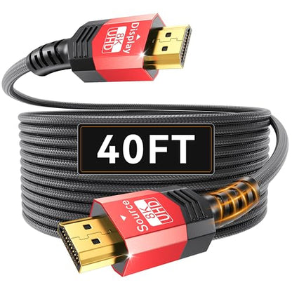 Fiber Optic HDMI 2.1 Cable 40FT,48Gbps Ultra High Speed Braided Uni-Directional Cord-8K@60Hz 4K@120Hz/144Hz HDCP 2.2&2.3 eARC DTS:X HDR10 VRR Compatible for RTX 5090/PS5/Xbox X/S/TV etc - size: 40 ft