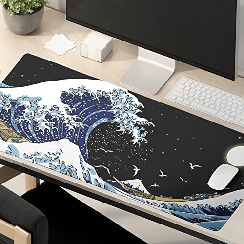 Kanagawa Surfing and Black Mouse Pad, Large Gaming Mouse Pad,Japanese Wave Desk Mat,Laptop Mousepad Non-Slip Rubber Desk Pad Keyboard Waterproof for Computer Desk Mat 11.8x31.5 in - color: Kanagawa Surfing, size: 11.8" x 31.5"
