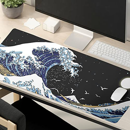 Kanagawa Surfing and Black Mouse Pad, Large Gaming Mouse Pad,Japanese Wave Desk Mat,Laptop Mousepad Non-Slip Rubber Desk Pad Keyboard Waterproof for Computer Desk Mat 11.8x31.5 in - color: Kanagawa Surfing, size: 11.8" x 31.5"