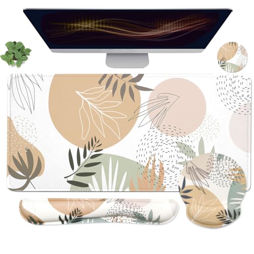 4-in-1 Gaming Mouse Pad Wrist Support Set，Desk Pad + Mouse Pad with Wrist Rest + Keyboard Wrist Rest + Coaster, Ergonomic Design for Home Office Study Game - Plant - color: 4 Pcs Plant