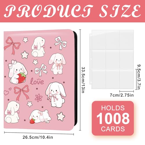 Card Binder 9 Pocket Trading Card Holder Fits 1008 Cards with 56 Removable Sleeves Portable Leather Collection Card Ablum Game Card Case Book with Zipper for Gift (Pink Cute Rabbit) - style: Pink Cute Rabbit Card Albums