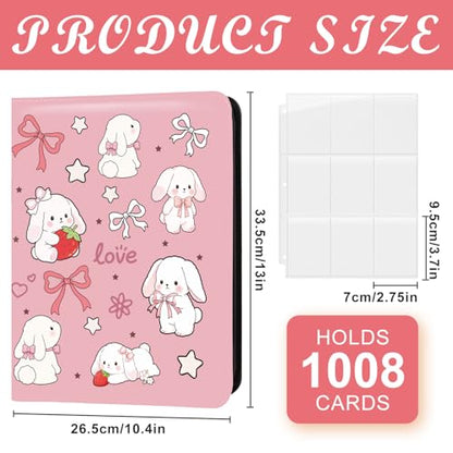 Card Binder 9 Pocket Trading Card Holder Fits 1008 Cards with 56 Removable Sleeves Portable Leather Collection Card Ablum Game Card Case Book with Zipper for Gift (Pink Cute Rabbit) - style: Pink Cute Rabbit Card Albums