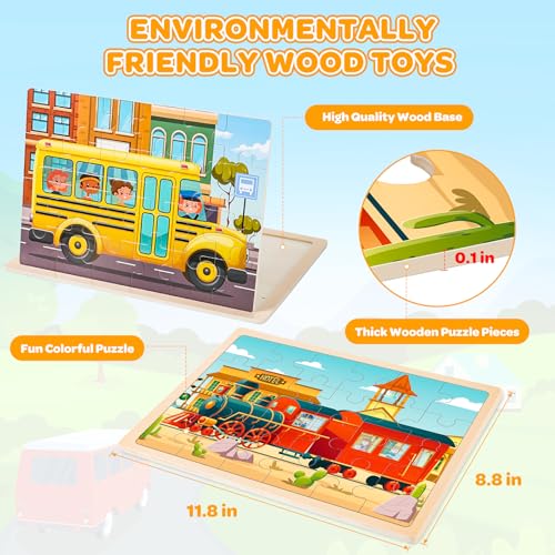 Puzzles for Kids Ages 4-6, 4 Packs 24 Pcs Wooden Jigsaw Puzzles for Toddlers Ages 2-4, Preschool Educational Vehicle Puzzle Toys Gifts for 3 4 5 6 Boys Girls - style: Vehicle