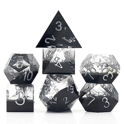 Haxtec Sharp Edge DND Dice Set, Black Swirls Resin Polyhedral RPG Dice | D&D Dice for Role Playing Games, Compatible with Dungeons and Dragons, Handmade 7-Die with Metal Case, TTRPG Gifts - color: Black Silver