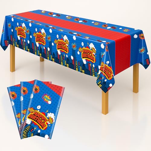 3 Piece Party Tablecloth Rectangle Table Covers for Birthday Party Decorations, 108"x54" Plastic Table Cloth Disposable, Hero Themed Birthday Celebration Supplies Blue Skyscraper (3) - color: Blue Red, size: 3pcs