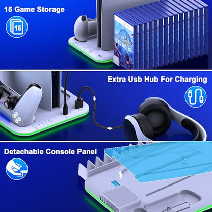 PS5/Slim/Pro Stand and Cooling Station with Controller Charging Station for Digital/Disc, PS5 Accessories Incl. 3 Levels Cooling Fan, LED Light, 15 Game Storage, Headset Holder for Playsation 5 White