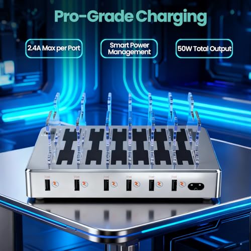 300W Fast Charging Station for Multiple Devices, 6 Port USB Charging Hub, Universal Desktop Charger Organizer Compatible with iPhone iPad Android Phones Tablets Kindle Home Office Travel