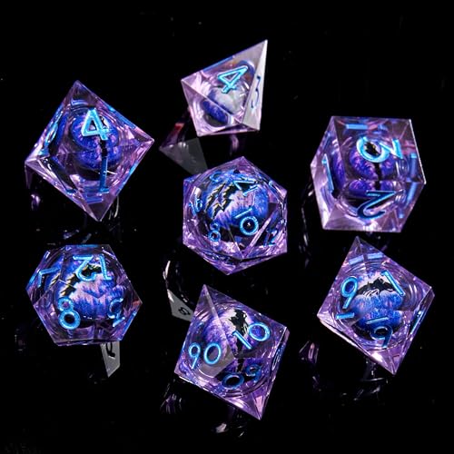 FugaCity Dice Set,Handmade Sharp Edge 7 Piece Resin Dice-Dungeon&Dragons Polyhedral Dice Set, D&D Dice Set with Gift Dice Case for RPG MTG Table Games - color: A-liquid Core Purple Eyeball