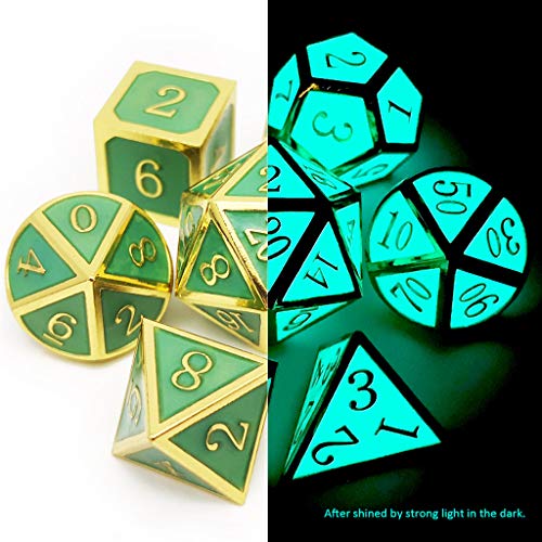 Haxtec Gold Glowing Blue Metal DND Dice Set Glow in the Dark Enamel D&D Dice with Dragon Eye Leather Dice Bag Compatible with Dungeons and Dragons TTRPG Gift for DND Lovers DM Masters - color: Gold Blue Green