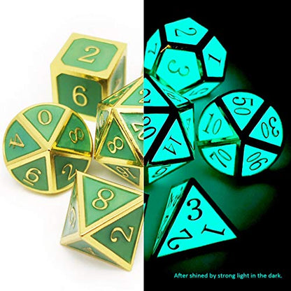 Haxtec Gold Glowing Blue Metal DND Dice Set Glow in the Dark Enamel D&D Dice with Dragon Eye Leather Dice Bag Compatible with Dungeons and Dragons TTRPG Gift for DND Lovers DM Masters - color: Gold Blue Green