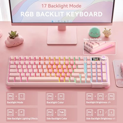 SOLAKAKA A99 Pro Wireless Gaming Keyboard with LCD Screen & Metal Knob, 96% Layout Mechanical Keyboard, 2.4GHz/BT5.0/USB-C, Hot Swappable, Creamy Keyboard with Gasket Structure, RGB, for Win/Mac - color: Pink