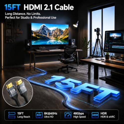 Long 8K HDMI Cable 15FT, 48Gbps Ultra High Speed 8K@60Hz 4K@120Hz Gaming HDMI 2.1 Cable Cord, Dynamic HDR, eARC HDCP 2.2&2.3, DTS:X,RTX 3090 for PS5 Xbox SoundBar UHD TV Monitor