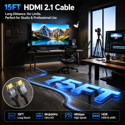 Long 8K HDMI Cable 15FT, 48Gbps Ultra High Speed 8K@60Hz 4K@120Hz Gaming HDMI 2.1 Cable Cord, Dynamic HDR, eARC HDCP 2.2&2.3, DTS:X,RTX 3090 for PS5 Xbox SoundBar UHD TV Monitor