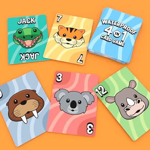 Bicycle Waterproof 4-in-1 Card Games Set Plastic Deck Family Travel Pack | 4 games in 1 Crazy Apes Go Safari Old Goat and Snap Jack, Waterproof plastic, Re-sealable storage bag, Ages 6 and up