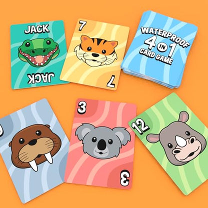 Bicycle Waterproof 4-in-1 Card Games Set Plastic Deck Family Travel Pack | 4 games in 1 Crazy Apes Go Safari Old Goat and Snap Jack, Waterproof plastic, Re-sealable storage bag, Ages 6 and up