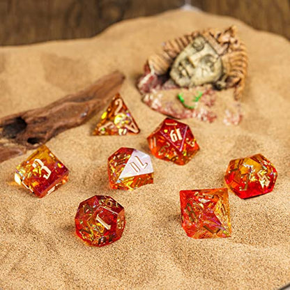 Cusdie Sharp Edges DND Dice, 7 PCs D&D Dice, Handcrafted Polyhedral Dice Set, for Role Playing Game Pathfinder (Red w/Yellow Sparkle) - color: Red W/Yellow Sparkle