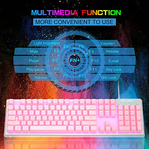 MageGee Gaming Keyboard, 7 Solid Colors Backlit Wired Gaming Keyboard with Clear Housing and Double-Shot Keycaps, K1 Waterproof Ergonomic 104 Keys Light Up Keyboard for PC Desktop Laptop, Pink