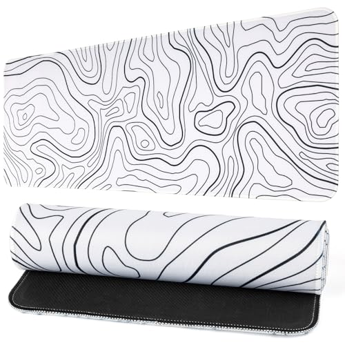 Gaming Mouse Pad Large 31.5 x 11.8in Topographic Keyboard Pad Mouse Pad for Non-Slip Base and Stitched Edge, Extended Desk Pad XL Keyboard Desk Mat (White) - color: White