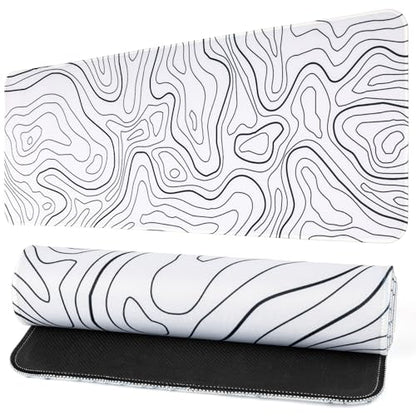Gaming Mouse Pad Large 31.5 x 11.8in Topographic Keyboard Pad Mouse Pad for Non-Slip Base and Stitched Edge, Extended Desk Pad XL Keyboard Desk Mat (White) - color: White