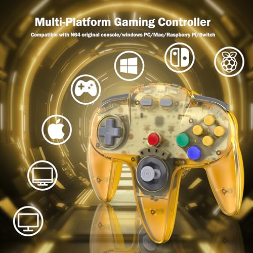 KIWITATA Wireless N64 Controller for Switch Console, 2.4GHZ N64 Remote Joystick Game Controller Compatible with Switch(1,2), Raspberry Pi, MAC, Windows 7/8,10,11 Clear Yellow - color: Clear yellow
