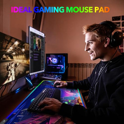 AIMSA RGB Gaming Mouse Pad, Large Mousepad with 14 Led Light Modes, Keyboard Pad Gaming Accessories for Desk, Non-Slip Rubber Base Mouse Mat for Gamer, Modern Urban Night Scene - color: Modern Urban Night Scene