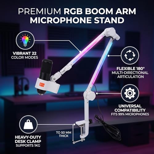 Asixxsix Microphone Boom Arm, Metal Adjustable Rotatable RGB Mic Stand with 3/8 to 5/8 inch Screw Adapter Desk Mount Clamp 2.2lbs Capaicty Heavy Duty for Gaming Streaming Podcast