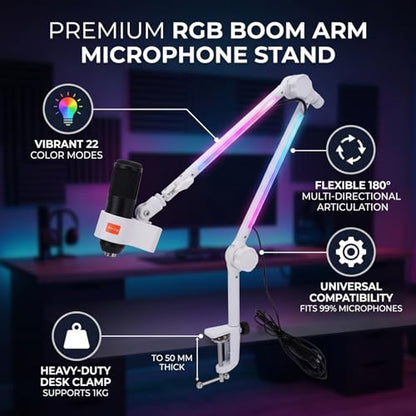 Asixxsix Microphone Boom Arm, Metal Adjustable Rotatable RGB Mic Stand with 3/8 to 5/8 inch Screw Adapter Desk Mount Clamp 2.2lbs Capaicty Heavy Duty for Gaming Streaming Podcast