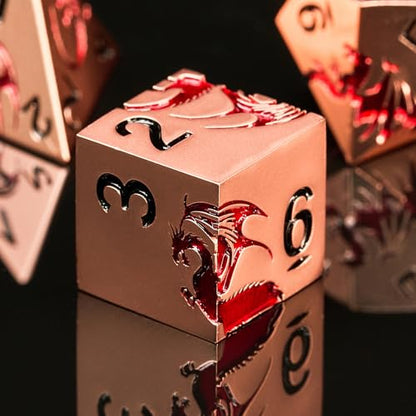 Metal Dragon Dice Set,7-Piece Zinc Alloy DND Dice,Ancient Red | Complete polyhedral dragon dice set with easy-to-read numbers and a magnetic gift box for DND players and collectors. - color: Ancient Gold Red
