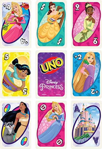 Mattel Games UNO Disney Princesses Matching Card Game, 112 Cards with Unique Wild Card & Instructions for Players 7 Years & Older, Gift for Kid, Family & Adult Game Night - style: UNO Disney Princess