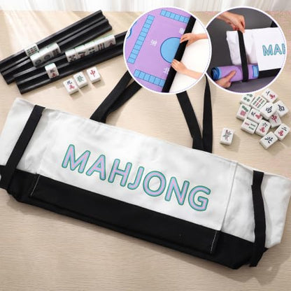 Abbylike 28x9 Inches Mahjong Bag for Rolled Mat Tiles Racks Pushers Accessories Empty Mahjong Tote Bag with Zipper Closure Outer Pockets Lining Large Capacity(Natural White&Black,Canvas) - color: Natural White&black