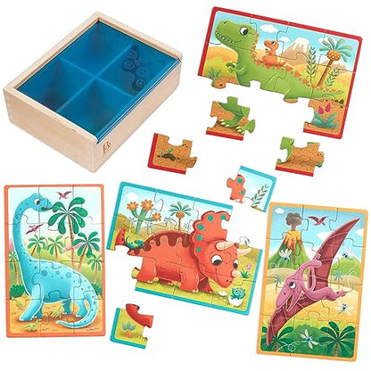 B. toys Pack o' Puzzles Wooden Dinosaur, 4 Pack, Wood Toys, 51-Piece Set | 4 wooden dinosaur puzzles with 12 pieces each, color-coded backs, sturdy wooden box for storage, Wood Toys, 3+ Years - style: Dino