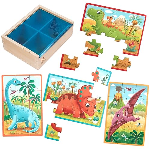 B. toys Pack o' Puzzles Wooden Dinosaur, 4 Pack, Wood Toys, 51-Piece Set | 4 wooden dinosaur puzzles with 12 pieces each, color-coded backs, sturdy wooden box for storage, Wood Toys, 3+ Years - style: Dino