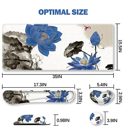 ARTSO Extended Gaming Mouse Pad Set, Keyboard Wrist Rest Support Pad + Wrist Cushion + XXL Large Mouse Pad + Coaster, Stitched Edge, Non-Slip, Memory Foam Desk Mat, Blue Lotus Ink Painting - color: Blue Lotus Ink Painting