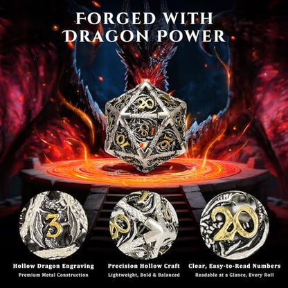 MoKo Dragon Hollow Metal DND Dice Set, Sliver+Gold | 7 Pcs Polyhedral, D20 D12 D10 D8 D6 D4, For Dungeons and Dragons RPG Games, With Gift Box - color: 4 - Sliver+gold