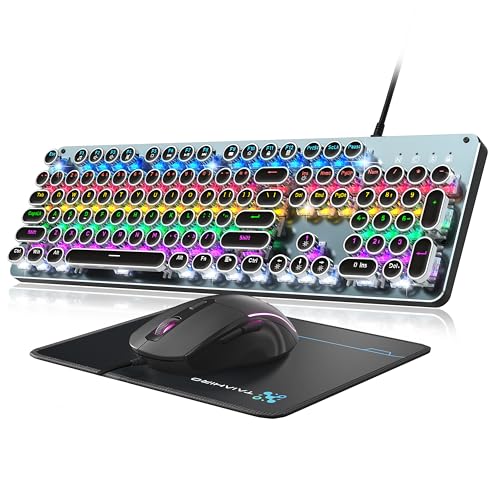Typewriter Style Mechanical Gaming Keyboard Blue Switch, Rainbow LED Backlit Wired Computer Keyboards Mouse and Pad Combo, Metal Panel Retro Punk Round Keycaps, 104 Keys Anti-Ghost for PC Laptop Gamer - color: Metallic Silver