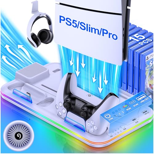 PS5/Slim/Pro Stand and Cooling Station with Controller Charging Station for Digital/Disc, PS5 Accessories Incl. 3 Levels Cooling Fan, LED Light, 15 Game Storage, Headset Holder for Playsation 5 White