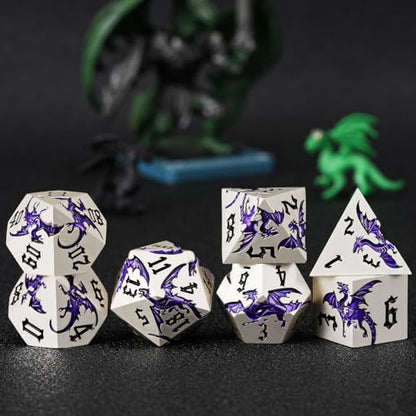 Sharp Edge DND Dragon Dice Set,Metal Polyhedral Dice with Dragon for Dungeons and Dragons RPG TTRPG D&D 7-Die Set with Gift Case Pearl Silver Transparent Purple - color: Dragon-pearl Silver Transparent Purple