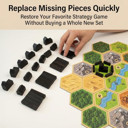 Replacement Pieces for Settlers of Catan – Roads, Settlements & Cities Set, Durable Game Tokens, Compatible with Catan Board Game Accessories, Game Pieces Plus Bonus Pieces (Black) - color: Black