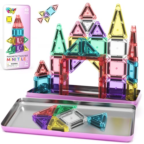 40PCS Magnetic Tiles Mini Travel Essentials Toddler Toys with Case Set, Preschool Montessori Education Magnetic Building Blocks Games Sensory Toys for 3 4 5 Year Old Boys Girls Birthday Gifts - color: Color3