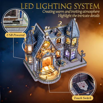 LED 3D Wood Puzzle, School for Wizards with Lighting DIY Wooden Miniature Building Kit Architecture Model