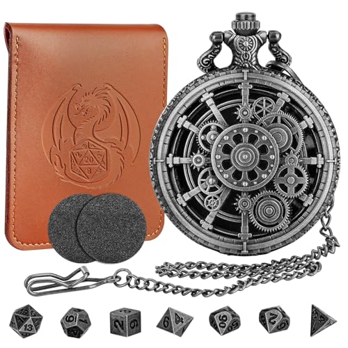 Hollow Gear Pocket Watch Dice Set, DND Metal Dice Set for RPG, Mini DND Dice for Board Game, DND Gifts with Leather Bag, Tabletop Games Accessory, Xmas Stocking Stuffer, Dark Silver - color: Dark Silver