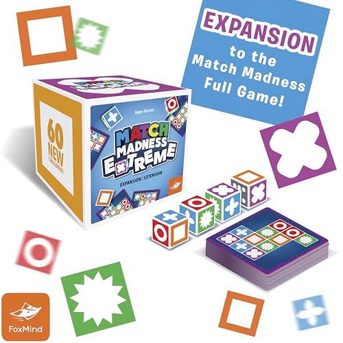 FoxMind Games: Expansion Pack -Match Madness Extreme Used with Original Match Madness Pattern Matching Puzzle Game, 60 New Challenge Cards, Fast-Paced up to 4 Players, Ages 7 and up - style: Expansion - Extreme
