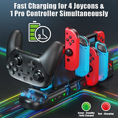 Switch Controller Charger for 6 Joy-Cons & Pro Controller, Switch Charger Dock with 2 Extended USB Ports, Switch Charging Stand Station with Detachable 8 Game Slots for Switch & OLED Model