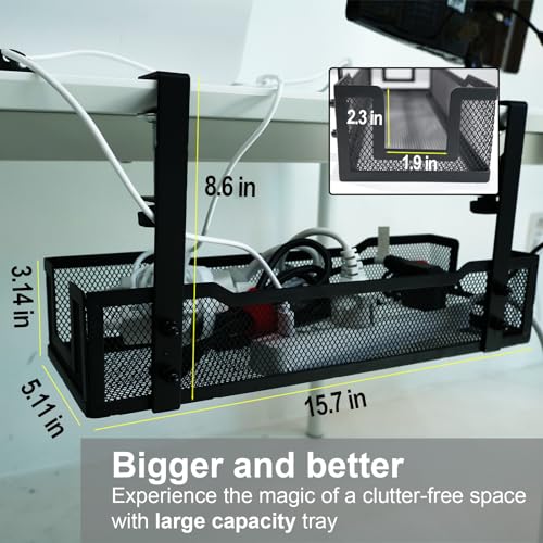 No Drill Under Desk Cable Management Tray with clamp-Premium Wire Tray Cord Organizer – Thin Steel Cable Tray Basket with Charger Holder for Desk–Black Cable Management Box–Easy to Install