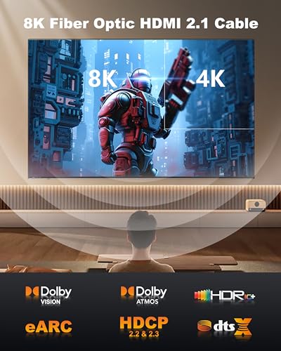 8K HDMI Cable 50ft/15M, in-Wall CL3 Rated Fiber Optic HDMI Cable 2.1 Support [8K@60Hz] Dynamic HDR/eARC/HDCP 2.2&2.3/3D, Certified Ultra High Speed Long HDMI Crod for HDTV, Laptop, PC… - size: 50FT(CL3 Rated)
