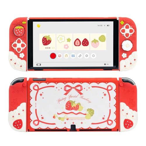 GeekShare Protective Case for Switch OLED Slim Cover Case Compatible with Switch OLED Separable Soft Silicone Protective Shell for Joystick with 2 Thumb Grip Caps - Strawberries with Cream - color: Strawberries with Cream, size: For Switch OLED